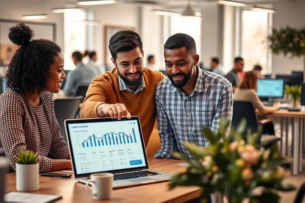 Local business owners discussing website performance together