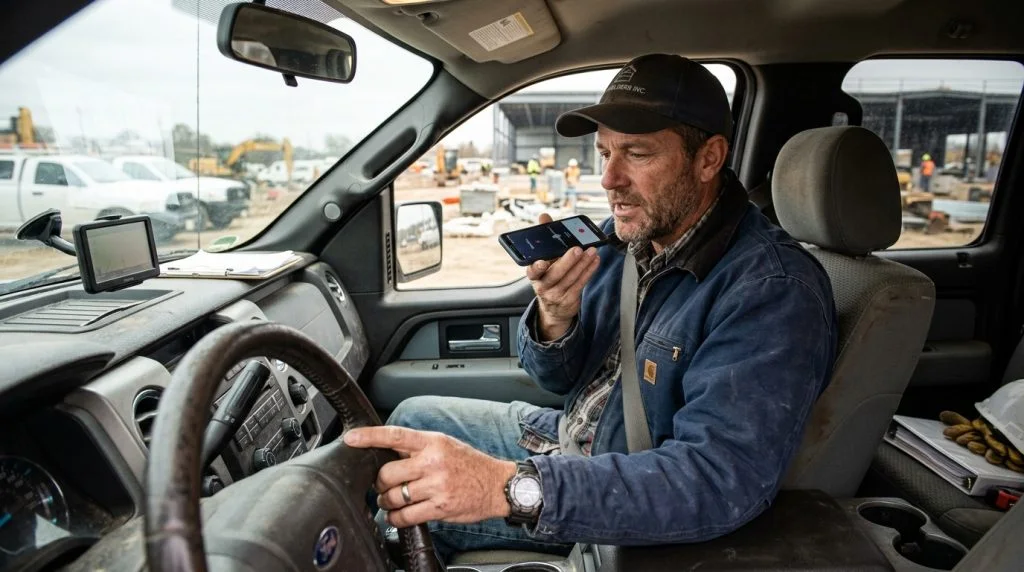 Contractor recording a voice note from the seat of a parked work van