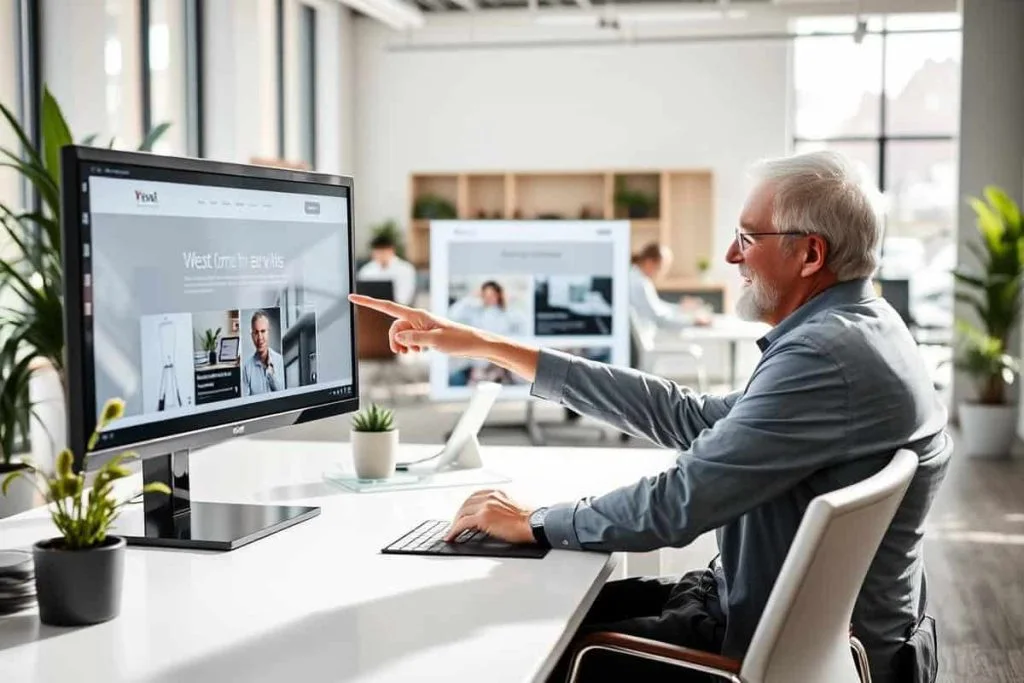 Business owner reviewing website layouts on a desktop monitor