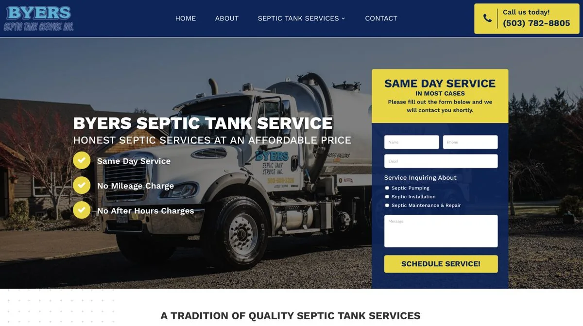 Byers Septic Tank Service website homepage