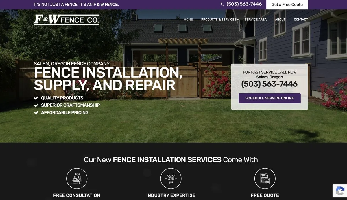 F&W Fence Co. website homepage for fence installation, supply and repair