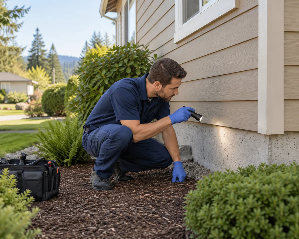 Illustration of a pest inspection technician checking a home foundation with a flashlight