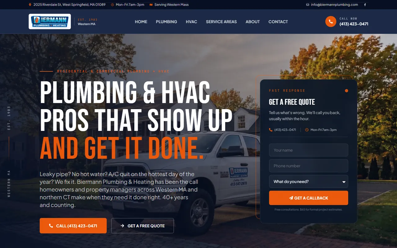 Biermann Plumbing & Heating homepage designed and built by Lithium Marketing
