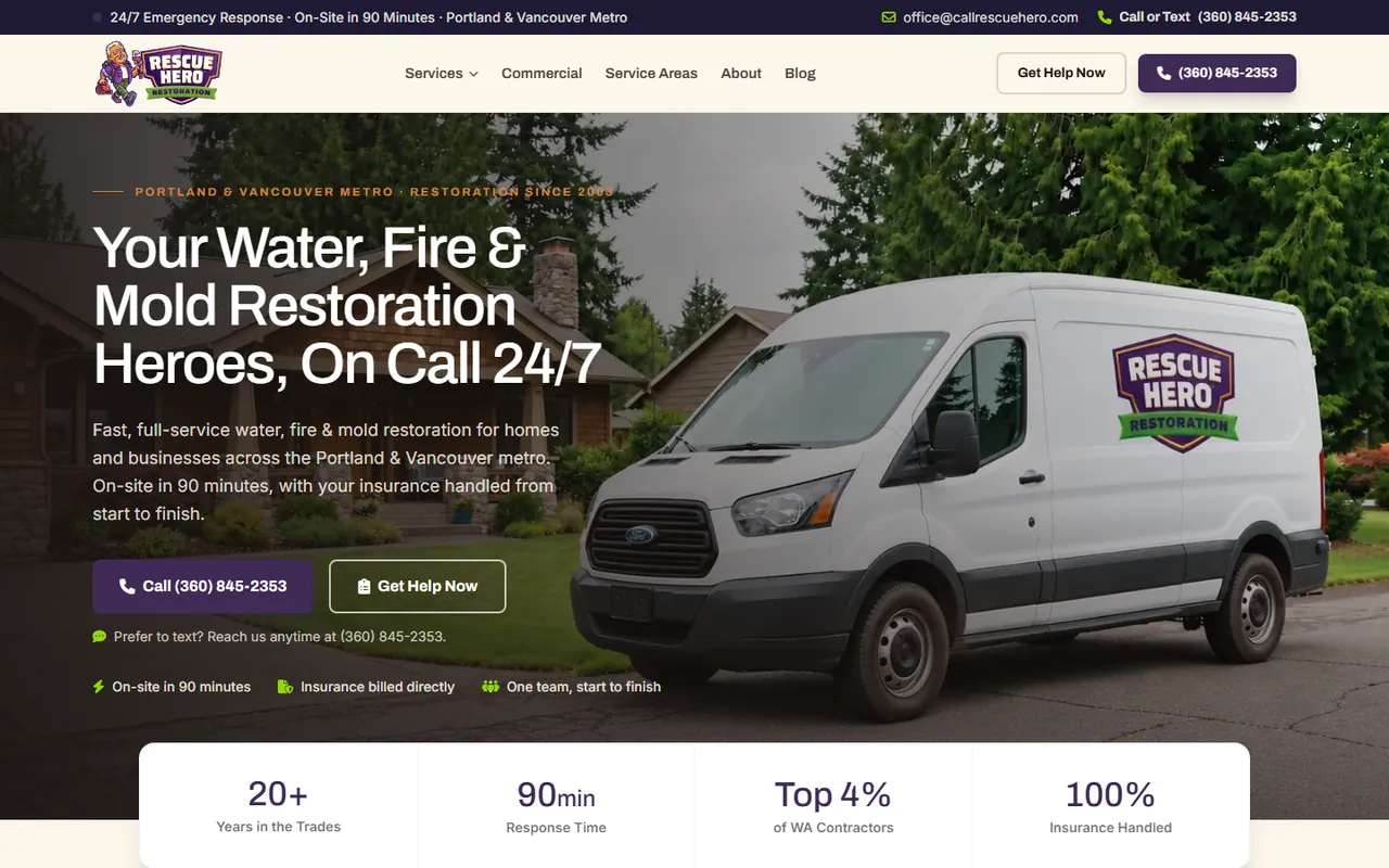RescueHero Restoration homepage built by Lithium Marketing